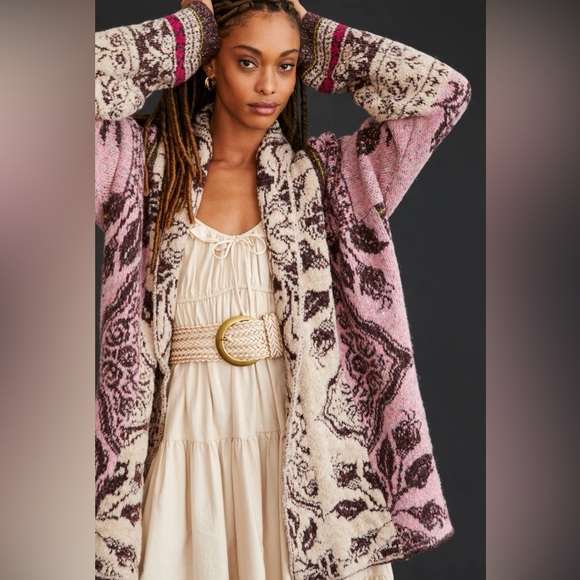 Anthropologie Jacquard Cocoon Cardigan Sweater Pink Cream Floral Bohemian Indie - Picture 2 of 10